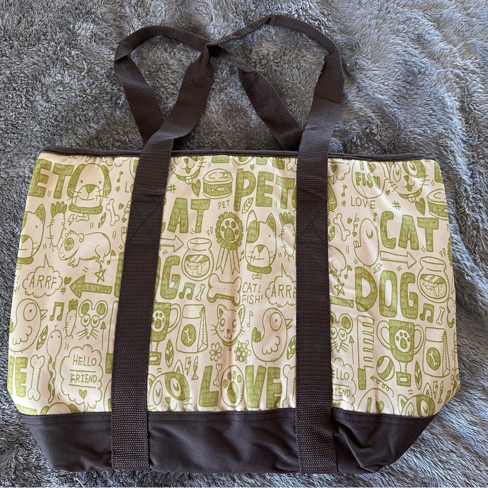 Pet Print Insulated Tote Bag in Cream and Light Green with Brown Straps